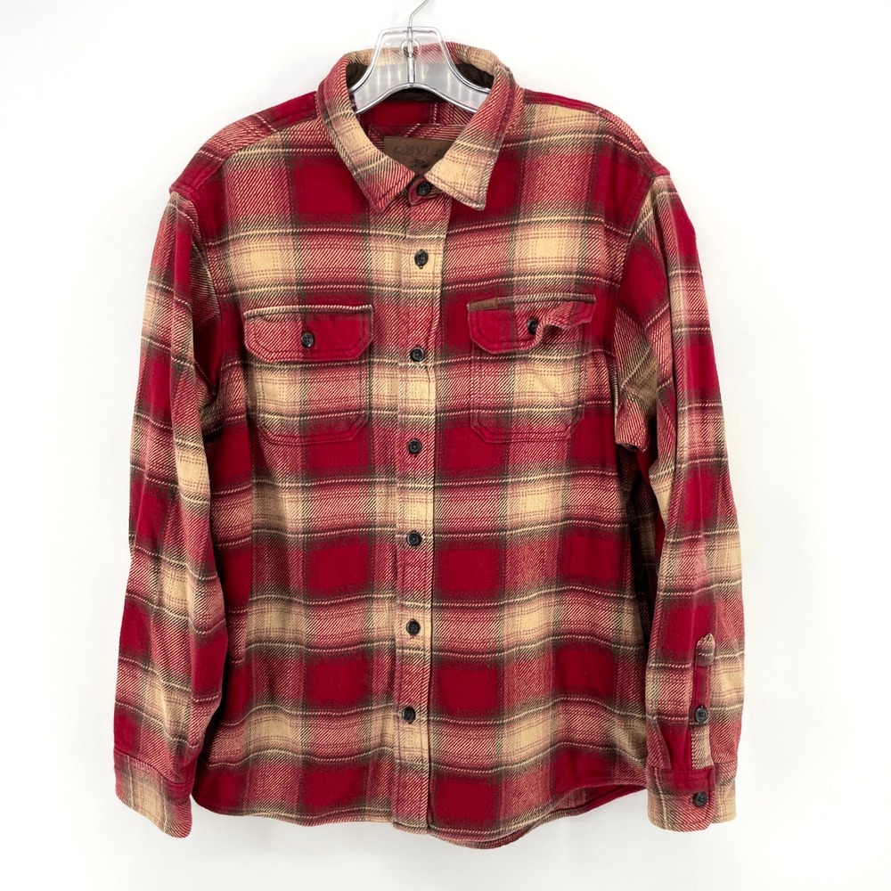 Orvis Mens Large Red‎ Plaid Fleece Lined Flannel Shirt Button Up Heavyweight L/G